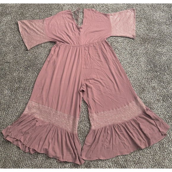 Davi‎ & Dani Romper Mauve Pink Tie Back Boho Sz 3X Wide Leg Smocked Ruffle AC04 - Picture 2 of 7